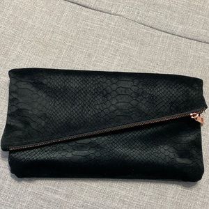 Velvet snakeskin print clutch with rose gold zipper